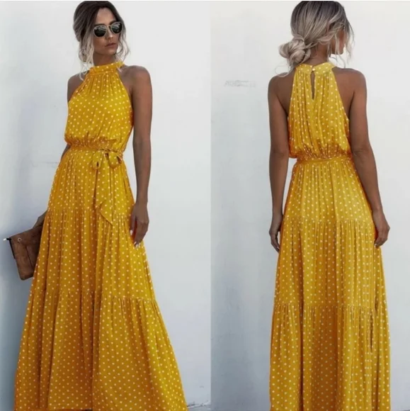 Kara and Kate halter neckline elastic waist maxi dress gold, white polka dots L - Picture 1 of 7